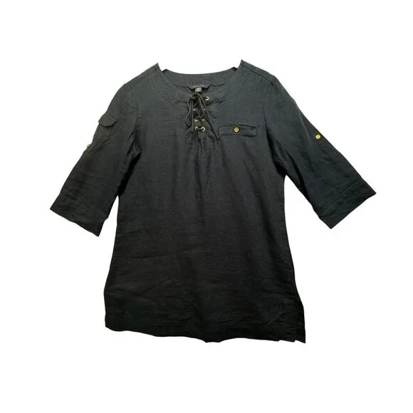 Tommy Hilfiger Womens Lace-Up Tunic Top Size S Navy Blue 3/4 Sleeves Pocket Chic - Picture 1 of 11